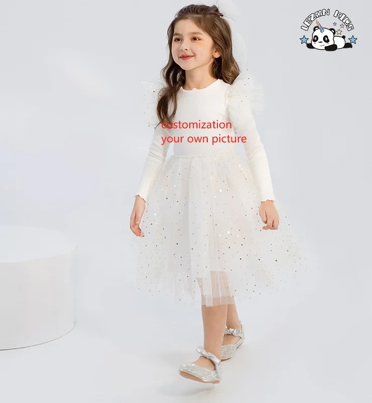 LEZONKIDS - Customizable Chic Ruffle Sleeve Long Sleeves Dress Girls Costume Gold Foil Print Tulle Dress for Girl